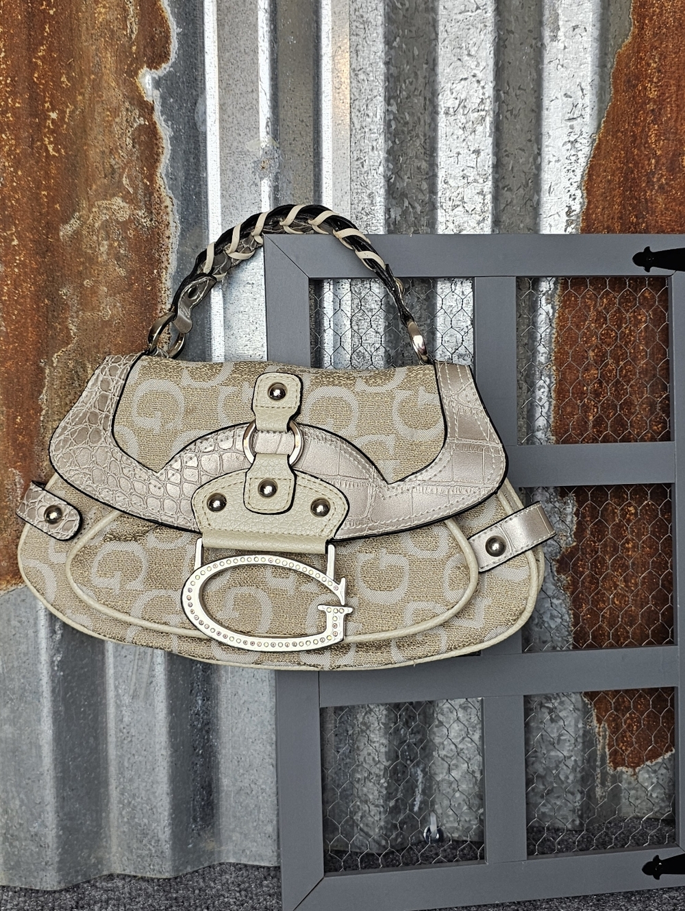 RARE Vintage Y2K Guess Monogram Bag Metallic Croco Trim